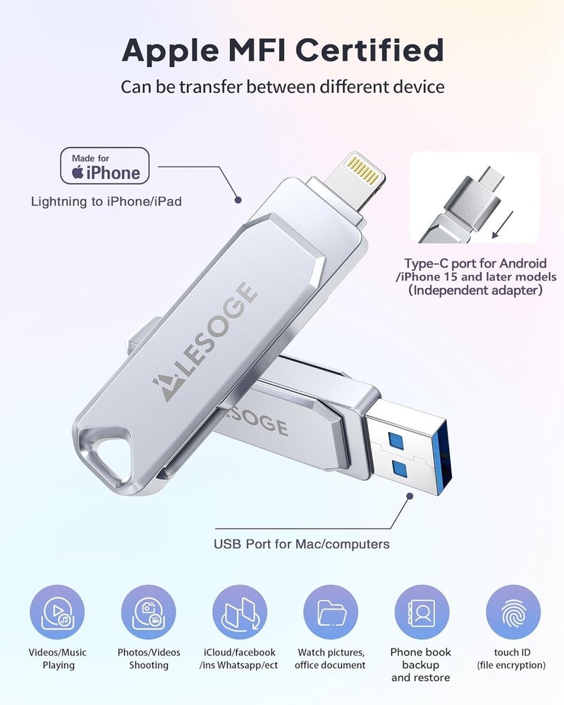 LESIGE MFi Certified 128GB Flash Drive for iPhone Photo Stick USB Memory Stick Thumb Drives, High Speed USB Stick External Storage for iPhone/iPad/Android/PC - Image 2